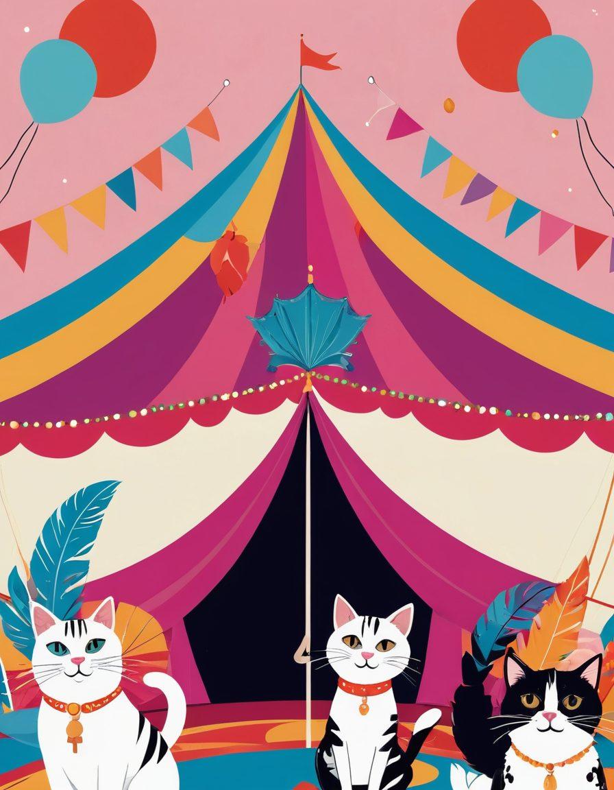 A playful and cheeky illustration featuring a vintage circus tent with a mischievous cat juggling colorful comedic masks and playful feathers. In the foreground, a cocktail with a whimsical pink umbrella exudes a light-hearted vibe, while silhouettes of laughing characters peek from behind the tent. The color palette should be bold and vibrant, emphasizing fun and mischief. cartoon style. vibrant colors. playful elements.