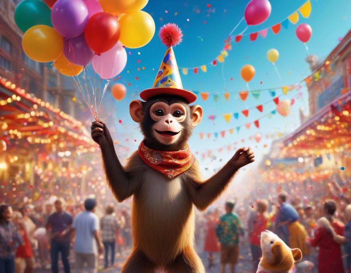 A whimsical scene depicting a vibrant carnival filled with playful characters engaging in lighthearted mischief, colorful confetti flying in the air. Include playful animals, like a mischievous monkey juggling and a cheeky dog wearing a party hat. Set against a backdrop of bright balloons and playful decorations, capturing a sense of joy and naughtiness. super-realistic. vibrant colors. festive atmosphere.