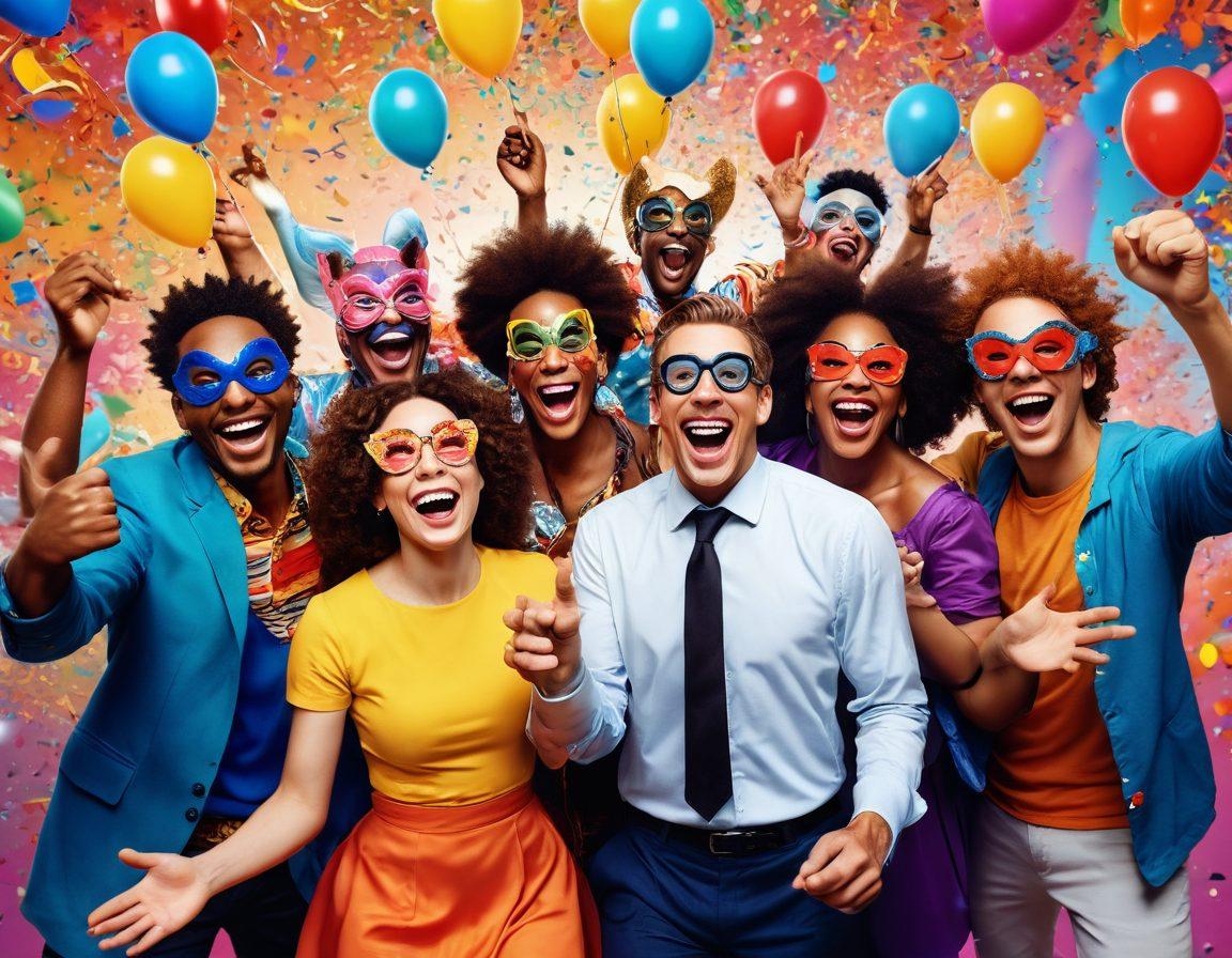 A whimsical scene depicting a group of diverse characters joyfully breaking social taboos with laughter and mischief. Include comical elements like oversized props, colorful masks, and exaggerated expressions, surrounded by a vibrant carnival-like atmosphere. Bright confetti and playful shadows enhance the festive vibe. Illustrate a sense of freedom and playfulness, inviting the viewer to engage with the hilarity. cartoon style. vibrant colors. dynamic composition.
